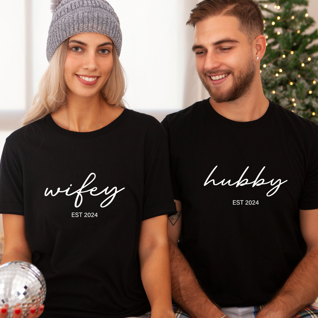 Wifey & Hubby T-shirts (Enter YOUR year)(set of 2) Cursive Font