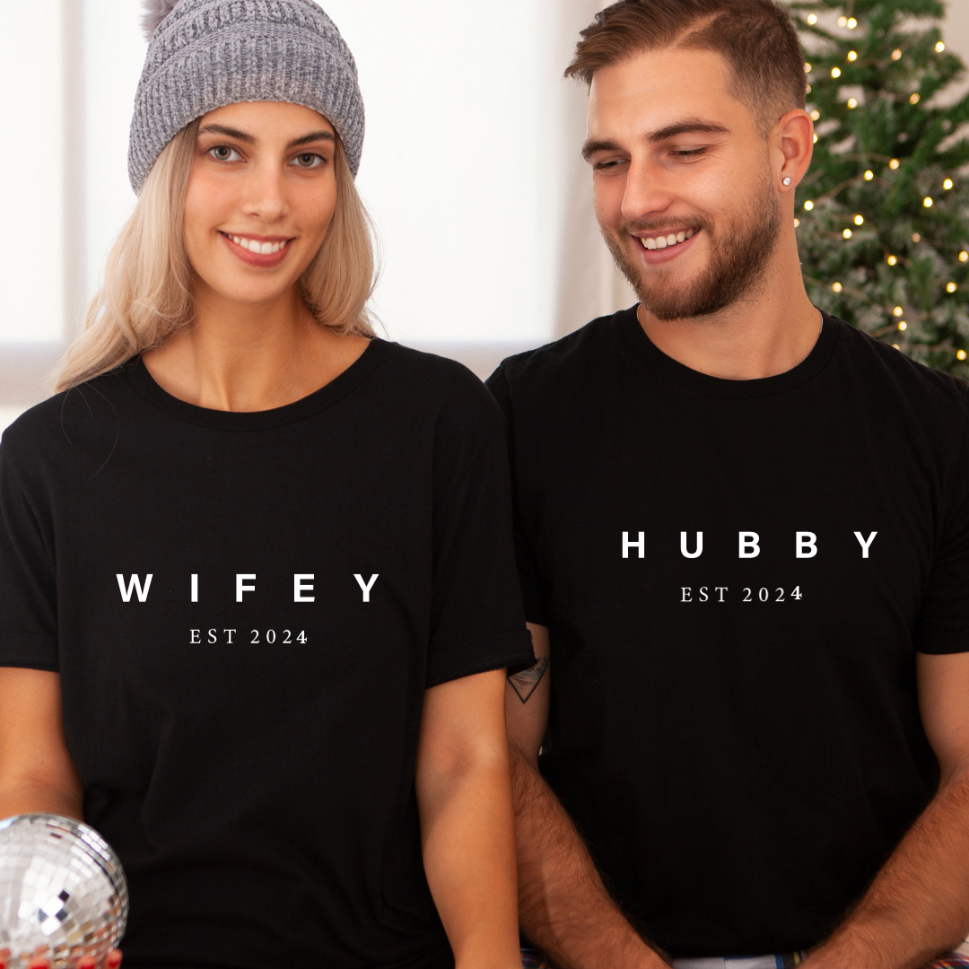 Wifey & Hubby EST (enter YOUR year) T-shirts (set of 2) Block Print