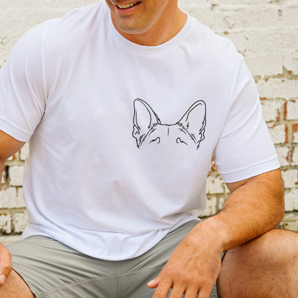 German Shepherd Ears T-shirt  Design is available on Right side pocket or Chest area. (Let us know in the 'special instructions box' at checkout).  Our Tees are soft & Comfortable to help you feel cozy and relaxed. They come in several colours and true to fit sizes. (Go up a size for a more oversized, relaxed fit)  Unisex T-shirts - suitable for men and women.  Colours available - White, Black, Indigo Blue, Military Green, Sand, Natural, Navy, Red, or Grey Tee