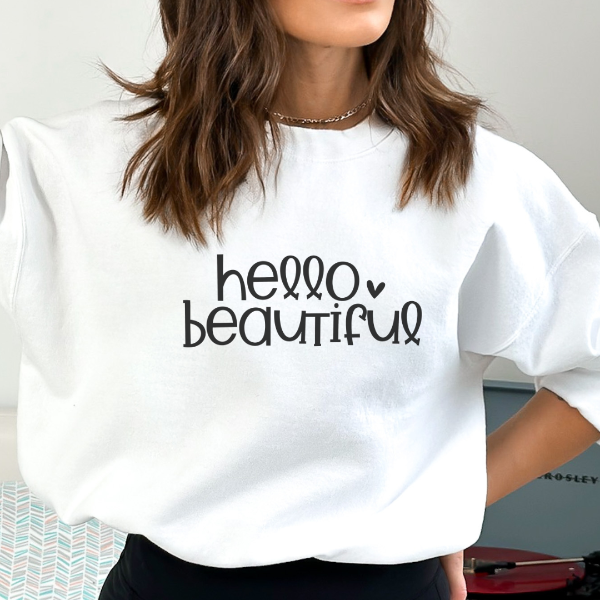 Hello Beautiful sweatshirts   Perfect gift for mum, girlfriend, best friend or yourself!  Warm and cozy sweatshirts. True to fit sizing. (Size up for the oversized look). Unisex  sizing so suitable for men and women.  6 colours - Sand, White, Black, Grey, Pink or Navy