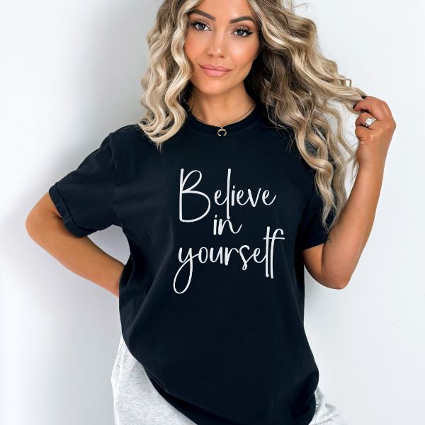 Believe in Yourself (cali)  Our Believe in yourself Tees are soft & Comfortable to help you feel cozy and relaxed. They come in several colours and true to fit sizes. (Go up a size for a more oversized, relaxed fit)  Unisex T-shirts - suitable for men and women.  Colours available - White, Black, Indigo Blue, Military Green, Sand, Natural, Navy, Red, or Grey Tee  *Note - pic is of model wearing an oversized tee. Our Tees are true to size fit. Please see sizing chart