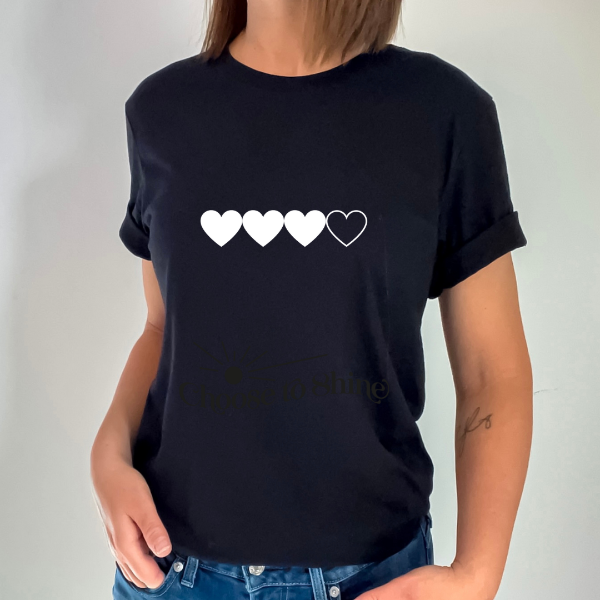 Four Hearts  Such a simple, but cute design. A favourite!  Our Tees are soft & Comfortable to help you feel cozy and relaxed. They come in several colours and true to fit sizes. (Go up a size for a more oversized, relaxed fit)  Unisex T-shirts - suitable for men and women.  Colours available - White, Black, Indigo Blue, Military Green, Sand, Natural, Navy, Red, or Grey Tee
