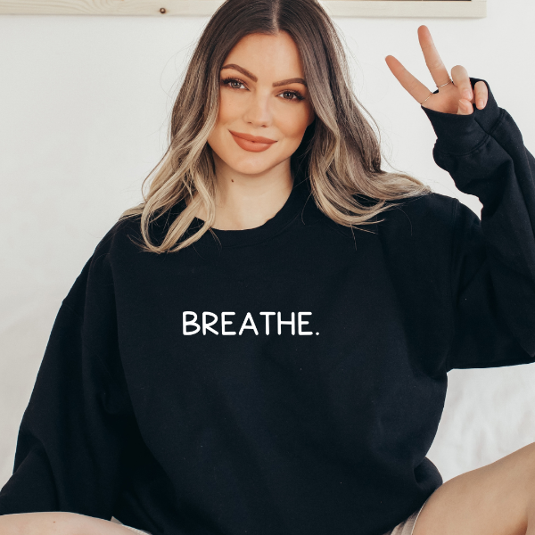 Breathe. sweatshirts  These sweatshirts are available to share awareness on Anxiety.   Design is available on T-shirt, sweatshirt and Hoodie  Unisex sizing for a relaxed fit. True to fit sizing. Size up for the oversized look. 6 colours - Sand, White, Black, Grey, Pink or Navy   6 colours - Sand, White, Black, Grey, Pink or Navy 