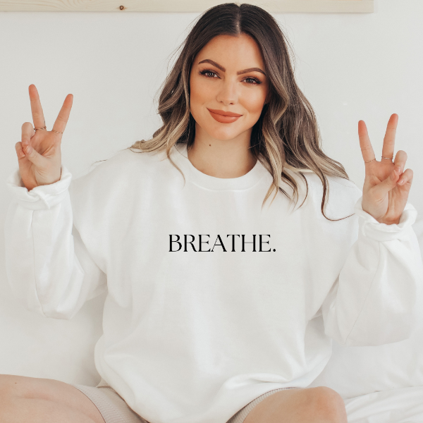 Breathe. sweatshirts  These sweatshirts are available to share awareness on Anxiety.   Design is available on T-shirt, sweatshirt and Hoodie  Unisex sizing for a relaxed fit. True to fit sizing. Size up for the oversized look. 6 colours - Sand, White, Black, Grey, Pink or Navy   6 colours - Sand, White, Black, Grey, Pink or Navy 