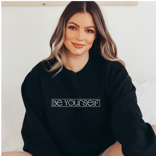 Be Yourself sweatshirts  Design also available in T-shirts and Hoodies. Unisex sizing for relaxed fit.  6 colours - Sand, White, Black, Grey, Pink or Navy Crew neck sweatshirt  Details • Classic Unisex fit • Sizes S - XL • 50% Cotton / 50% Polyester preshrunk fleece knit • 6 colours - Sand, White, Black, Grey, Pink, Navy