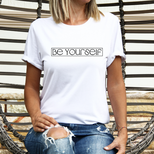Be Yourself  Our Be Yourself Tees are soft & Comfortable to help you feel cozy and relaxed. They come in several colours and true to fit sizes. (Go up a size for a more oversized, relaxed fit)  Unisex T-shirts - suitable for men and women.  Colours available - White, Black, Indigo Blue, Military Green, Sand, Natural, Navy, Red, or Grey Tee