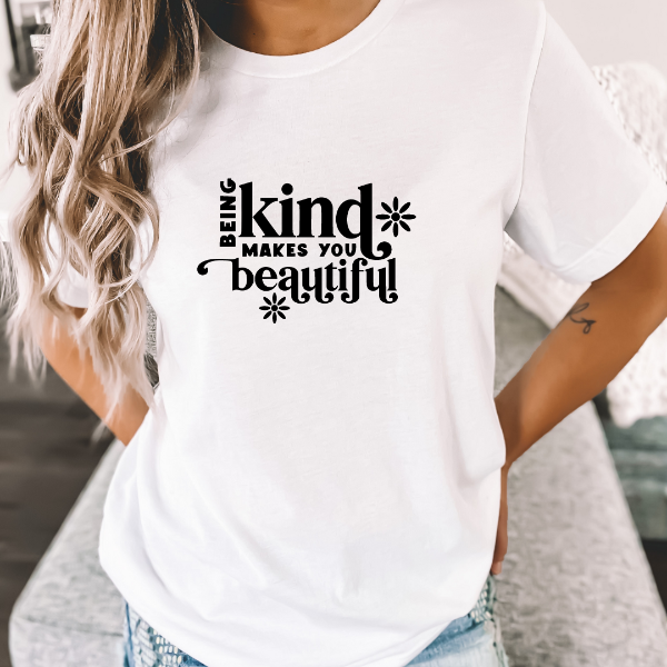Being Kind makes you beautiful  Our Tees are soft & Comfortable to help you feel cozy and relaxed. They come in several colours and true to fit sizes. (Go up a size for a more oversized, relaxed fit)  Unisex T-shirts - suitable for men and women.  Colours available - White, Black, Indigo Blue, Military Green, Sand, Natural, Navy, Red, or Grey Tee