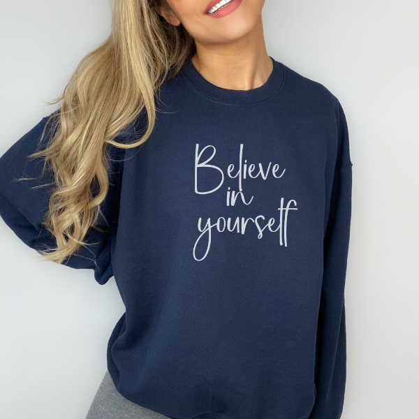 Believe in Yourself sweatshirts  Design is available on T-shirt, sweatshirt and Hoodie  Unisex sizing for a relaxed fit. True to fit sizing. Size up for the oversized look.   Poly/cotton blend - soft and cozy.  6 colours - Sand, White, Black, Grey, Pink or Navy   Sizes S - XL 