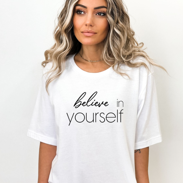 Believe in Yourself   Our Believe in yourself Tees are soft & Comfortable to help you feel cozy and relaxed. They come in several colours and true to fit sizes. (Go up a size for a more oversized, relaxed fit)  Unisex T-shirts - suitable for men and women.  Colours available - White, Black, Indigo Blue, Military Green, Sand, Natural, Navy, Red, or Grey Tee  *Note - pic is of model wearing an oversized tee. Our Tees are true to size fit. Please see sizing chart
