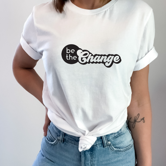 Be the change  Our Be the change Tees are soft & Comfortable to help you feel cozy and relaxed. They come in several colours and true to fit sizes. (Go up a size for a more oversized, relaxed fit)  Unisex T-shirts - suitable for men and women.  Colours available - White, Black, Indigo Blue, Military Green, Sand, Natural, Navy, Red, or Grey Tee