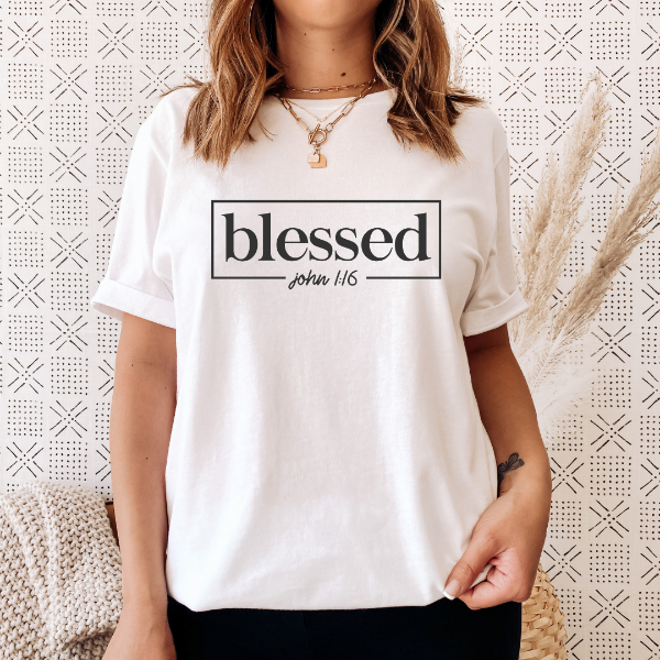 Blessed - John 1:16  Our Tees are soft & Comfortable to help you feel cozy and relaxed. They come in several colours and true to fit sizes. (Go up a size for a more oversized, relaxed fit)  Unisex T-shirts - suitable for men and women.  Colours available - White, Black, Indigo Blue, Military Green, Sand, Natural, Navy, Red, or Grey Tee