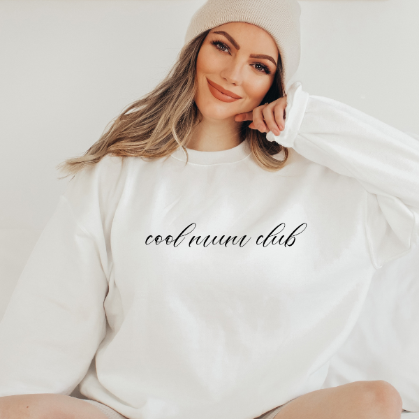 Cool mum club sweatshirts  Design also available in T-shirts and Hoodies. Unisex sizing for relaxed fit.  6 colours - Sand, White, Black, Grey, Pink or Navy Crew neck sweatshirt  Details • Classic Unisex fit • Sizes S - XL • 50% Cotton / 50% Polyester preshrunk fleece knit • 6 colours - Sand, White, Black, Grey, Pink, Navy 