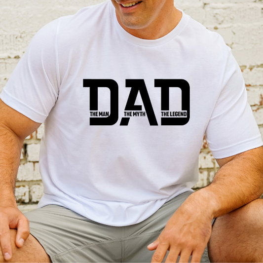 Dad - man myth legend T-shirt  Great Dads gift for a new or old dad.   Our Tees are soft & comfortable, available in many colours and are a true to fit sizing. (Go up a size for a more oversized, relaxed fit)  Unisex T-shirts - suitable for men and women.  Colours available - White, Black, Indigo Blue, Military Green, Sand, Natural, Navy, Red, or Grey Tee