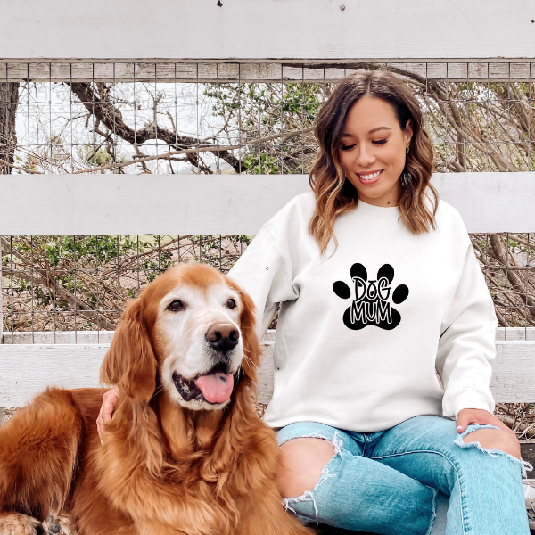 Dog mum pawprint sweatshirts  For the dog lover. Design is available on T-shirt, sweatshirt and Hoodie  Unisex sizing for a relaxed fit. True to fit sizing. Size up for the oversized look. 6 colours - Sand, White, Black, Grey, Pink or Navy 