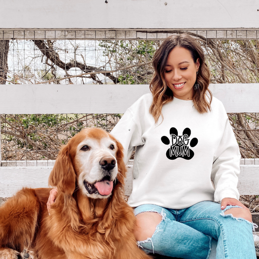 Dog mum pawprint sweatshirts  For the dog lover. Design is available on T-shirt, sweatshirt and Hoodie  Unisex sizing for a relaxed fit. True to fit sizing. Size up for the oversized look. 6 colours - Sand, White, Black, Grey, Pink or Navy 