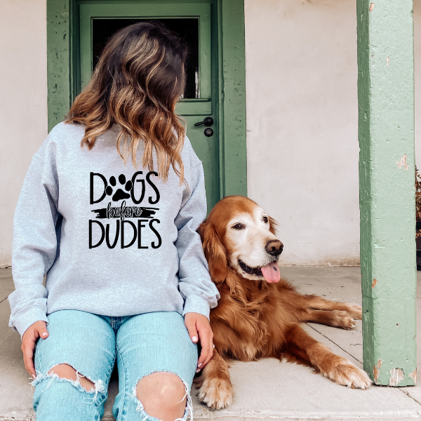 Dogs before dudes sweatshirts  Acute one for the dog lovers! Our clothing features a variety of designs, colors, and sizes.  Our apparel is unisex so suitable for men and women. Design is also available on T-shirt, sweatshirt and Hoodie  6 colours - Sand, White, Black, Grey, Pink or Navy 