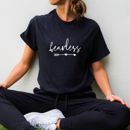 Fearless T-shirt  Be Fearless!  Our Tees are soft & Comfortable to help you feel cozy and relaxed. They come in several colours and true to fit sizes. (Go up a size for a more oversized, relaxed fit)  Unisex T-shirts - suitable for men and women.  Colours available - White, Black, Indigo Blue, Military Green, Sand, Natural, Navy, Red, or Grey Tee  Details  Semi-fitted 100% Ring Spun Cotton - so soft Preshrunk jersey knit S-XL
