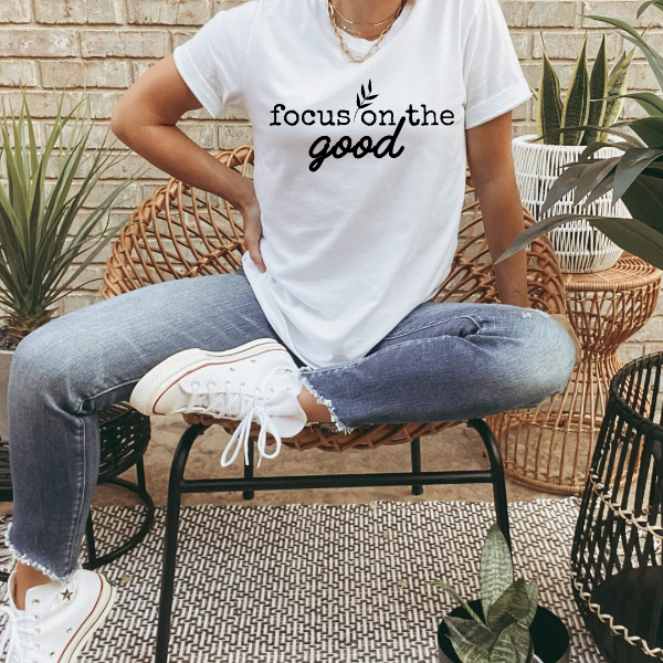 Focus on the good  A positive message - 'Focus on the good'!  Our Tees are soft & Comfortable to help you feel cozy and relaxed. They come in several colours and true to fit sizes. (Go up a size for a more oversized, relaxed fit)  Unisex T-shirts - suitable for men and women.  Colours available - White, Black, Indigo Blue, Military Green, Sand, Natural, Navy, Red, or Grey Tee