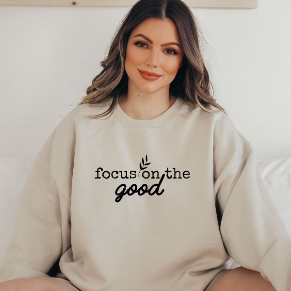 Focus on the good sweatshirts (W)  Design also available in T-shirts and Hoodies. Unisex sizing for relaxed fit.  6 colours - Sand, White, Black, Grey, Pink or Navy Crew neck sweatshirt  Details • Classic Unisex fit • Sizes S - XL • 50% Cotton / 50% Polyester preshrunk fleece knit • 6 colours - Sand, White, Black, Grey, Pink, Navy