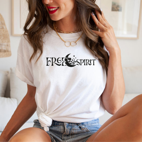 Free Spirit Moon  A great t-shirts with the phrase "Free Spirit" on it.  Our Tees are soft & Comfortable to help you feel cozy and relaxed. They come in several colours and true to fit sizes. (Go up a size for a more oversized, relaxed fit)  Unisex T-shirts - suitable for men and women.  Colours available - White, Black, Indigo Blue, Military Green, Sand, Natural, Navy, Red, or Grey Tee