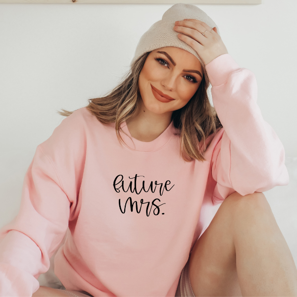 Future Mrs sweatshirts  Celebrate the new marriage!  Unisex sizing for a relaxed fit. True to fit sizing. If you like the oversized look - Size up a size.  6 colours - Sand, White, Black, Grey, Pink or Navy   Design is available on T-shirt, sweatshirt and Hoodie