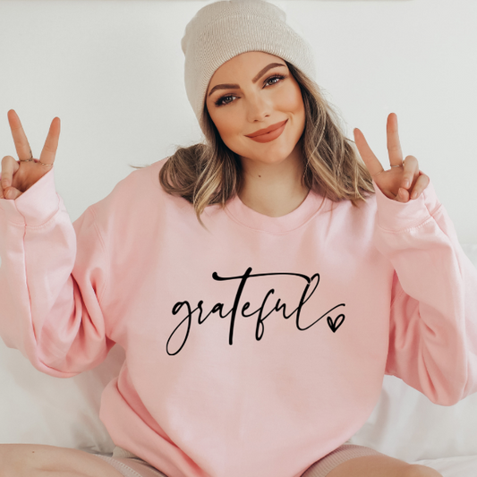 Grateful sweatshirts  Design also available in T-shirts and Hoodies. Unisex sizing for relaxed fit.  6 colours - Sand, White, Black, Grey, Pink or Navy Crew neck sweatshirt  Details • Classic Unisex fit • Sizes S - XL • 50% Cotton / 50% Polyester preshrunk fleece knit • 6 colours - Sand, White, Black, Grey, Pink, Navy