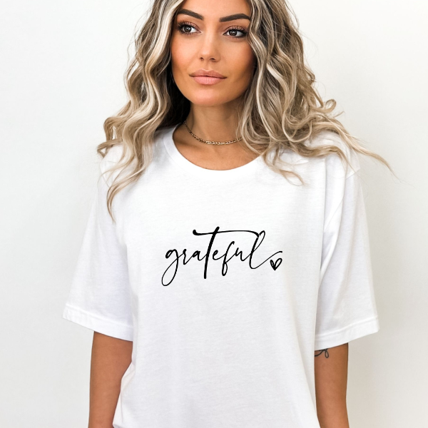 Grateful   Our Tees are soft & Comfortable to help you feel cozy and relaxed. They come in several colours and true to fit sizes. (Go up a size for a more oversized, relaxed fit)  Unisex T-shirts - suitable for men and women.  Colours available - White, Black, Indigo Blue, Military Green, Sand, Natural, Navy, Red, or Grey Tee