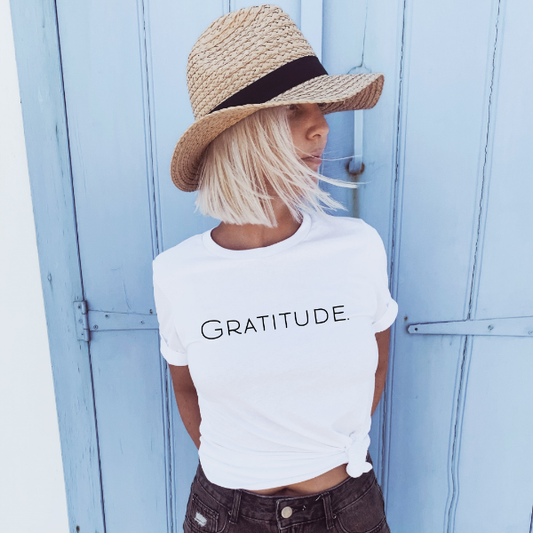 Gratitude  Our Tees are soft & Comfortable to help you feel cozy and relaxed. They come in several colours and true to fit sizes. (Go up a size for a more oversized, relaxed fit)  Unisex T-shirts - suitable for men and women.  Colours available - White, Black, Indigo Blue, Military Green, Sand, Natural, Navy, Red, or Grey Tee