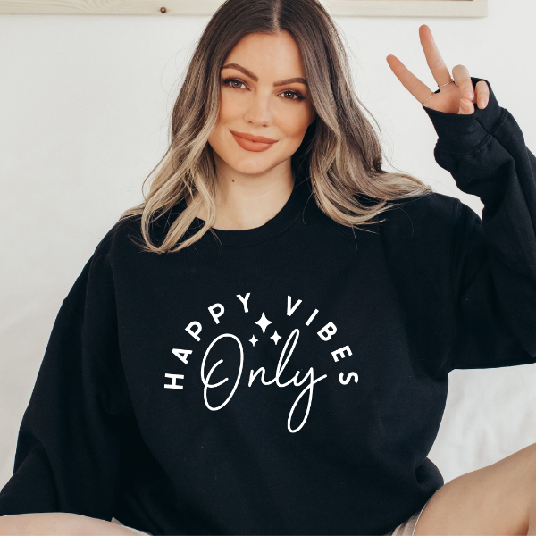 Happy Vibes only   Design also available in T-shirts and Hoodies. Unisex sizing for relaxed fit.  6 colours - Sand, White, Black, Grey, Pink or Navy Crew neck sweatshirt  Details • Classic Unisex fit • Sizes S - XL • 50% Cotton / 50% Polyester preshrunk fleece knit • 6 colours - Sand, White, Black, Grey, Pink, Navy 