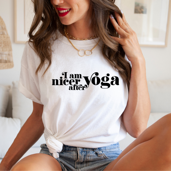 I am nicer after Yoga  This 'I am nicer after Yoga' T-shirt is a great tee for yoga class or everyday wear!  Our Tees are soft & Comfortable to help you feel cozy and relaxed. They come in several colours and true to fit sizes. (Go up a size for a more oversized, relaxed fit)  Unisex T-shirts - suitable for men and women.