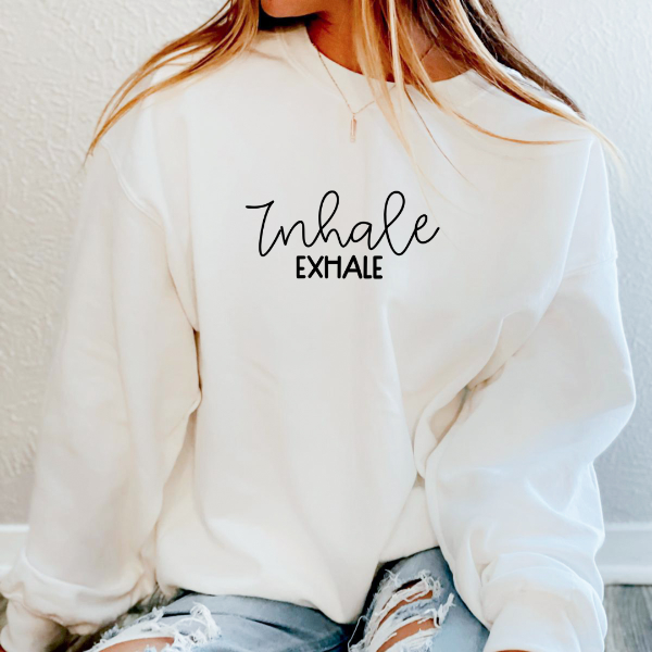 Inhale exhale sweatshirts  What a reminder in this busy time - 'inhale exhale'!  Design also available in T-shirts and Hoodies. Unisex sizing for relaxed fit.  6 colours - Sand, White, Black, Grey, Pink or Navy Crew neck sweatshirt