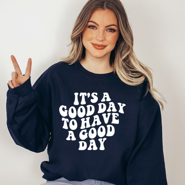 Its a good day to have a good day sweatshirts   Design also available in T-shirts and Hoodies. Unisex sizing for relaxed fit.  6 colours - Sand, White, Black, Grey, Pink or Navy Crew neck sweatshirt  Details • Classic Unisex fit • Sizes S - XL • 50% Cotton / 50% Polyester preshrunk fleece knit • 6 colours - Sand, White, Black, Grey, Pink, Navy 