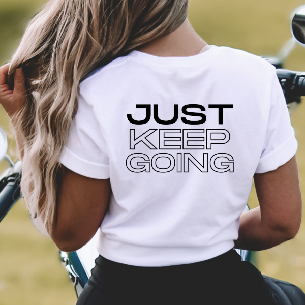 Just keep going  This 'Just keep going' T-shirt is a great reminder to push through in life!  Our Tees are soft & Comfortable to help you feel cozy and relaxed. They come in several colours and true to fit sizes. (Go up a size for a more oversized, relaxed fit)  Unisex T-shirts - suitable for men and women.