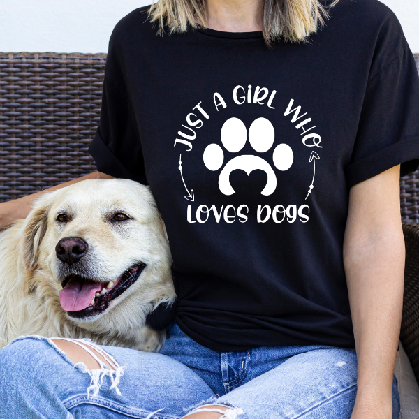Just a girl who loves dogs  Our Tees are soft & Comfortable to help you feel cozy and relaxed. They come in several colours and true to fit sizes. (Go up a size for a more oversized, relaxed fit)  Unisex T-shirts - suitable for men and women.  Colours available - White, Black, Indigo Blue, Military Green, Sand, Natural, Navy, Red, or Grey Tee