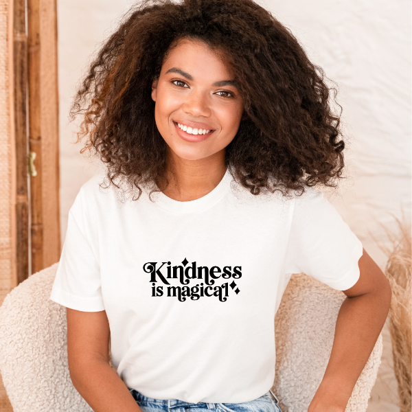 What a great message - 'kindness is magical'!  Our Tees are soft & Comfortable to help you feel cozy and relaxed. They come in several colours and true to fit sizes. (Go up a size for a more oversized, relaxed fit)  Unisex T-shirts - suitable for men and women.
