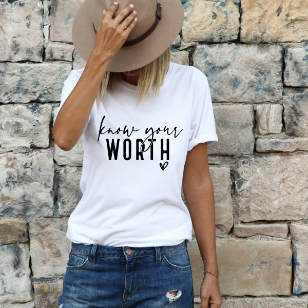 Know your worth  Our Tees are soft & Comfortable to help you feel cozy and relaxed. They come in several colours and true to fit sizes. (Go up a size for a more oversized, relaxed fit)  Unisex T-shirts - suitable for men and women.  Colours available - White, Black, Indigo Blue, Military Green, Sand, Natural, Navy, Red, or Grey Tee