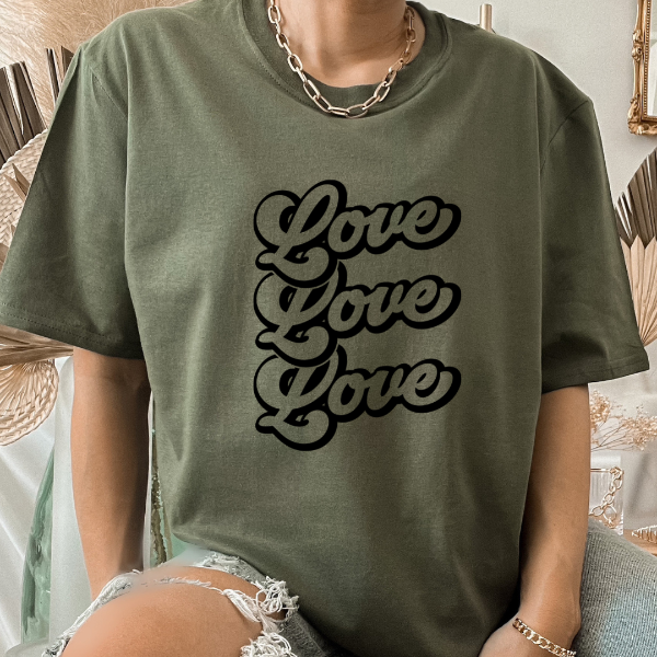 Love Love Love T-shirt  A great good vibes t-shirts with the phrase "Love Love Love" on it.  Our Tees are soft & Comfortable to help you feel cozy and relaxed. They come in several colours and true to fit sizes. (Go up a size for a more oversized, relaxed fit)  Unisex T-shirts - suitable for men and women.