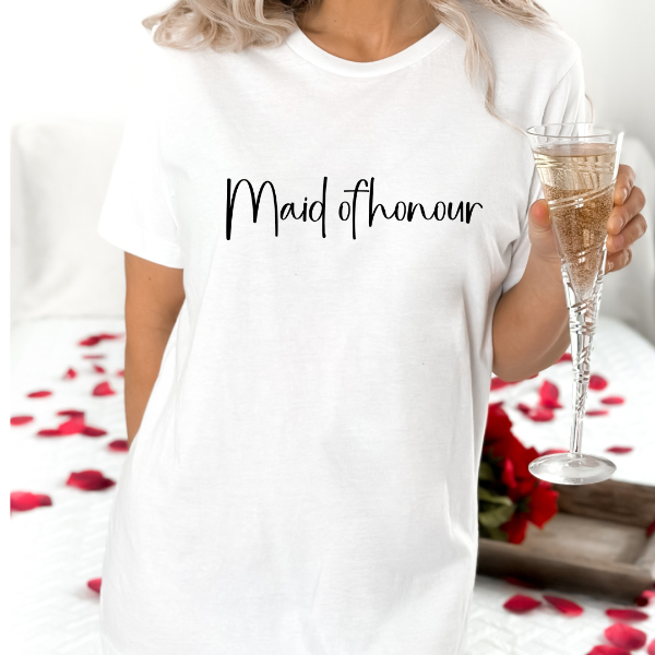 Maid of Honour T-shirt (cali)  Looking for a Maid of honour gift? How about a quality, cozy sweatshirt, for your bridesmaid proposal printed with a special message saying "Maid of Honour." Great wedding Party gift for the Bridal Team. Perfect for the Hens Party!  Our Tees are soft & Comfortable to help you feel cozy and relaxed. They come in several colours and true to fit sizes.