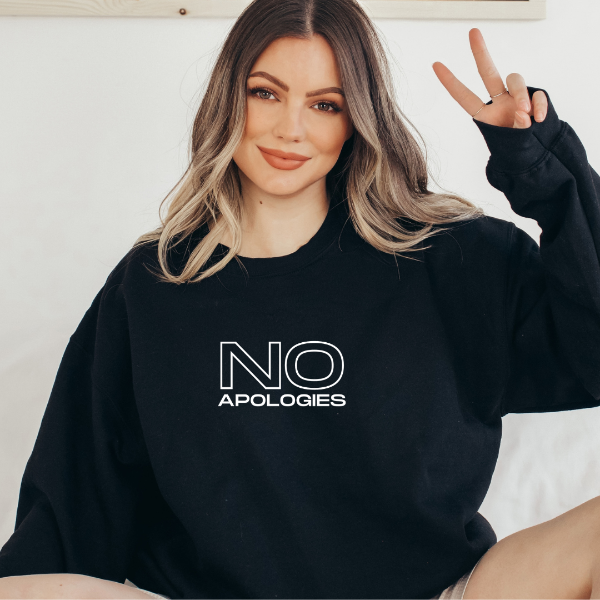 No Apologies sweatshirts  Warm and cozy sweatshirts. True to fit sizing. (Size up for the oversized look). Unisex  sizing so suitable for men and women.  6 colours - Sand, White, Black, Grey, Pink or Navy   We also stock No Apologies T-shirts and Hoodies.