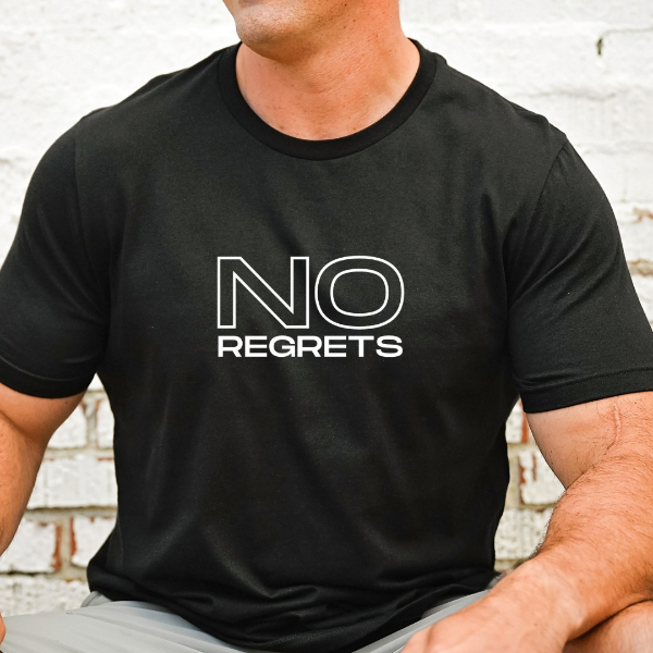 No Regrets  Great T-shirt for everyday casual wear or a session at the gym!  Our Tees are soft & comfortable, available in many colours and are a true to fit sizing. (Go up a size for a more oversized, relaxed fit)  Unisex T-shirts - suitable for men and women.