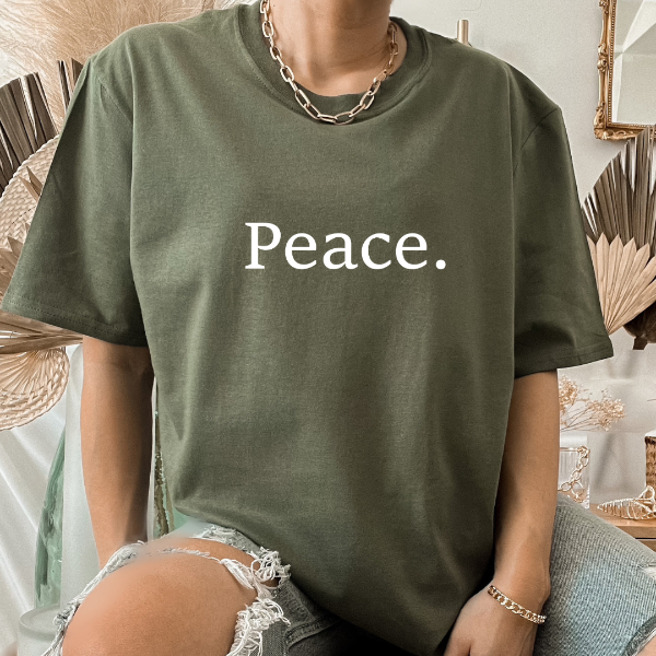 Peace  Our Tees are soft & Comfortable to help you feel cozy and relaxed. They come in several colours and true to fit sizes. (Go up a size for a more oversized, relaxed fit)  Unisex T-shirts - suitable for men and women.  Colours available - White, Black, Indigo Blue, Military Green, Sand, Natural, Navy, Red, or Grey Tee
