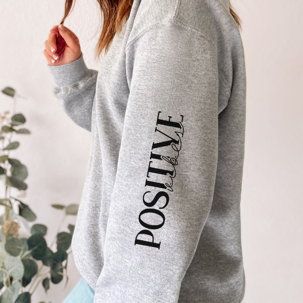 Positive Vibes (sleeve) sweatshirts   Design also available in T-shirts and Hoodies. Unisex sizing for relaxed fit.  6 colours - Sand, White, Black, Grey, Pink or Navy Crew neck sweatshirt