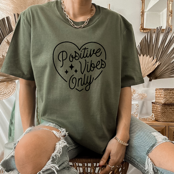 Positive Vibes only  A great good vibes t-shirts with the phrase "Positive vibes only" on it.  Our Tees are soft & Comfortable to help you feel cozy and relaxed. They come in several colours and true to fit sizes. (Go up a size for a more oversized, relaxed fit)  Unisex T-shirts - suitable for men and women.