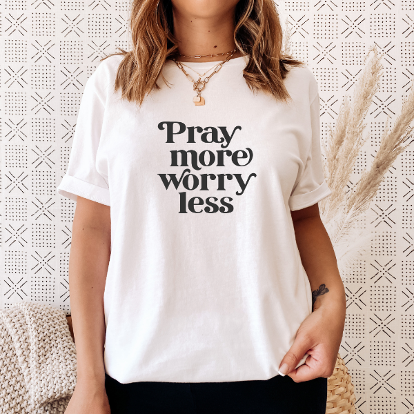Pray more Worry less  Our Tees are soft & Comfortable to help you feel cozy and relaxed. They come in several colours and true to fit sizes. (Go up a size for a more oversized, relaxed fit)  Unisex T-shirts - suitable for men and women.