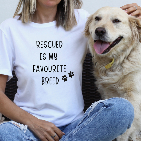 Rescued is my favourite breed T-shirt  Our Tees are soft & Comfortable to help you feel cozy and relaxed. They come in several colours and true to fit sizes. (Go up a size for a more oversized, relaxed fit)  Unisex T-shirts - suitable for men and women.  Colours available - White, Black, Indigo Blue, Military Green, Sand, Natural, Navy, Red, or Grey Tee