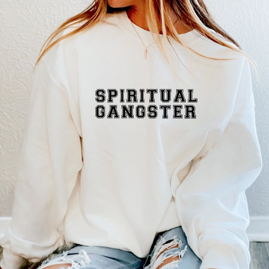 Spiritual Gangster (varsity) sweatshirts  This inspiring and motivational design is also available in T-shirts and hoodies.  Unisex sizing suitable for men and women. 6 colours - Sand, White, Black, Grey, Pink or Navy   Details • Classic Unisex fit • Sizes S - XL