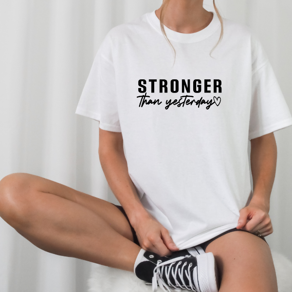 Stronger than Yesterday  Our Stronger than yesterday Tees are soft & Comfortable to help you feel cozy and relaxed. They come in several colours and true to fit sizes. (Go up a size for a more oversized, relaxed fit)  Unisex T-shirts - suitable for men and women.  Colours available - White, Black, Indigo Blue, Military Green, Sand, Natural, Navy, Red, or Grey Tee
