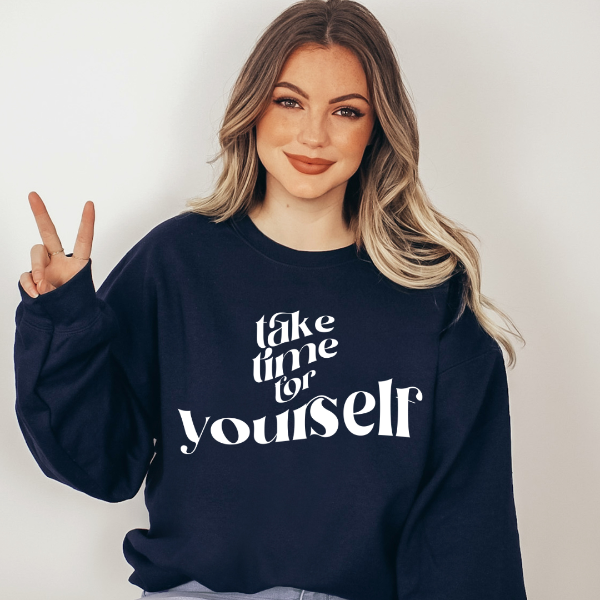 Take time for yourself Sweatshirt  Design also available in T-shirts and Hoodies. Unisex sizing for relaxed fit.  6 colours - Sand, White, Black, Grey, Pink or Navy Crew neck sweatshirt  Details • Classic Unisex fit • Sizes S - XL • 50% Cotton / 50% Polyester preshrunk fleece knit