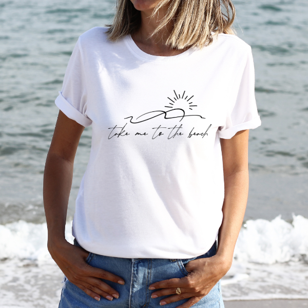 Take me to the Beach   Our Tees are soft & Comfortable to help you feel cozy and relaxed. They come in several colours and true to fit sizes. (Go up a size for a more oversized, relaxed fit)  Unisex T-shirts - suitable for men and women.  Colours available - White, Black, Indigo Blue, Military Green, Sand, Natural, Navy, Red, or Grey Tee