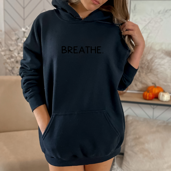 Breathe. Hoodie  These Hoodies are available to share awareness on Anxiety.  Our hoodies are soft & Comfortable to help you feel cozy and relaxed. They come in several colours and true to fit sizes. (Go up a size for a more oversized, relaxed fit)  Unisex Hoodie - suitable for men and women.  This design is also available on Tees and sweatshirts.